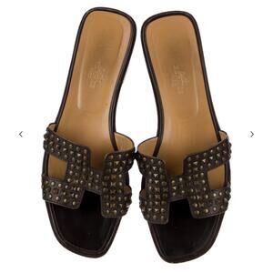 HERMES Oran Leather Slides Women's Size: 8.5